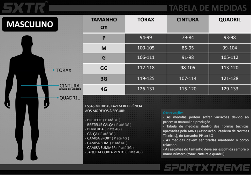 Tabela de medidas slim masculino