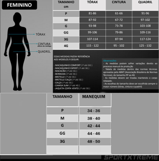 macaquinho ciclismo feminino sportxtreme tabela de medidas