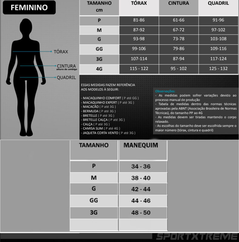 macaquinho ciclismo feminino sportxtreme tabela de medidas
